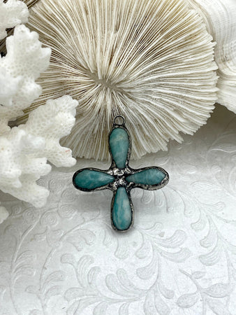 Flower Shaped Soldered Amazonite Stone Pendants, Flower Shape Stone Pendants with Gunmetal Soldering, All Unique Natural Stones, Fast Ship.