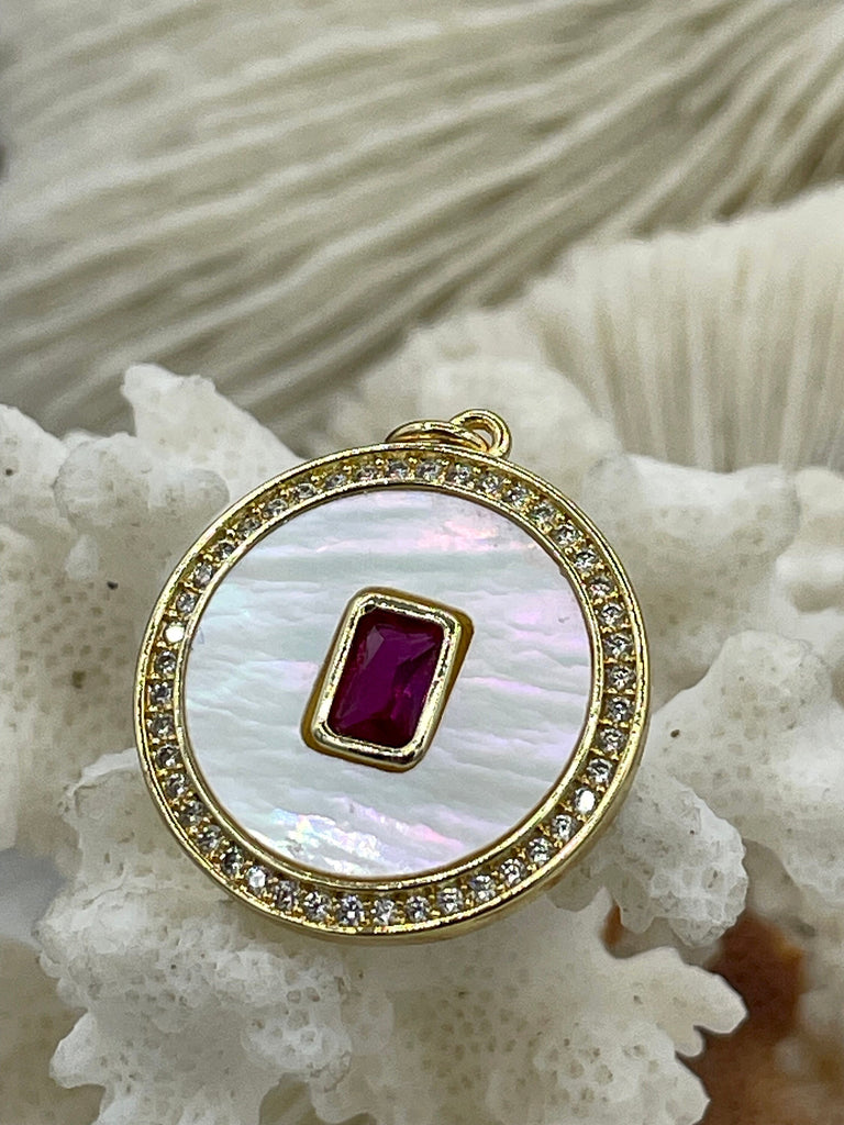 Mother of Pearl Round CZ Charm with Colorful Rectangle Center Stone, Cubic Zirconia charm, MOP Charms, Plated Brass 4 styles, Fast Ship