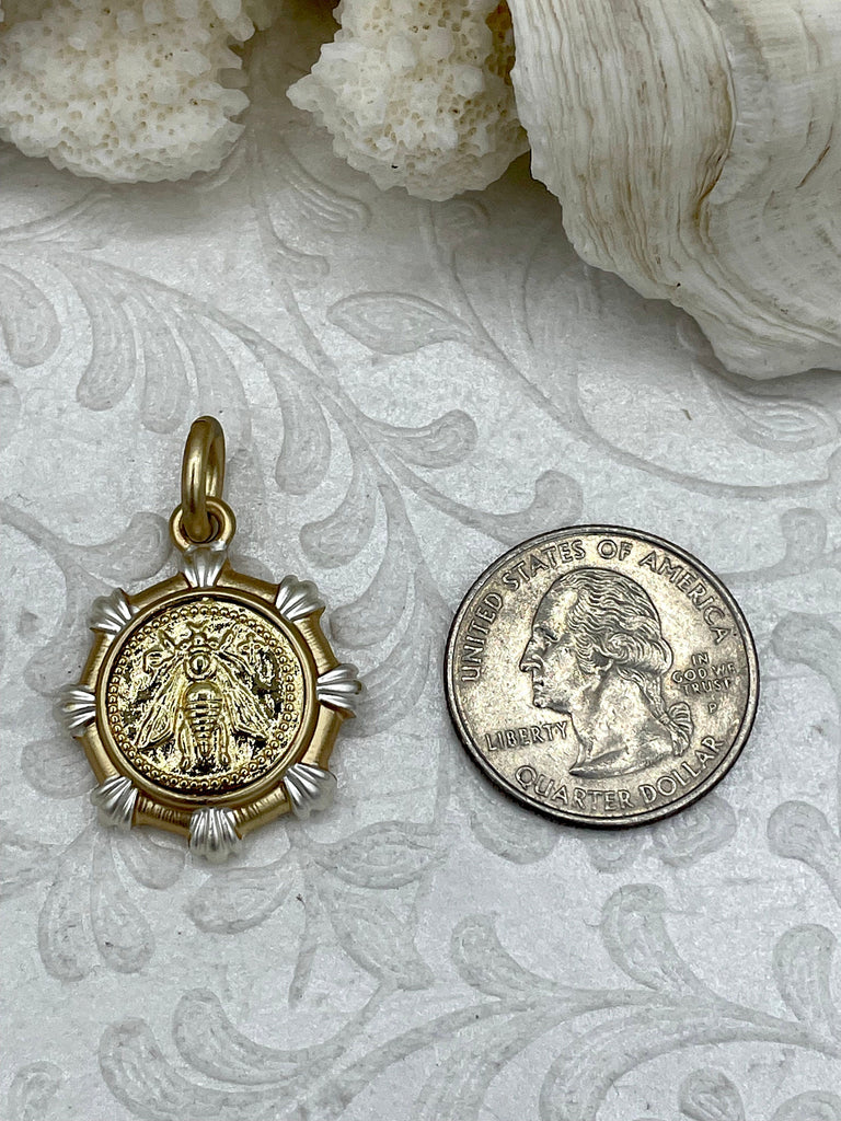 French Bee Replica Coin, Gold Bee Coin, Two Tone Bezel, Reproduction Bee Coin, Gold Coin pendant, Petite Coin, 2 bezel styles Fast Ship