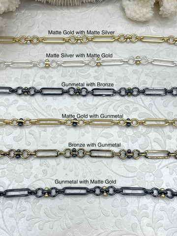 Mixed Link Mixed Metal Cable Chain, by the foot. Lg Link 22mm x 6mm, Sm links 8mm round and 7mm,Electroplated Base Metal, 8 styles,Fast ship