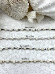 WHITE Howlite Rosary Chain, Gold, silver, bronze or gunmetal wire links, 6mm round stone bead chain 1 Meter (39 inches)