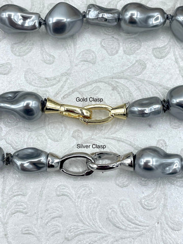 Hand Knotted Vintage Porcelain Grey Glass Pearl Replica Freshwater Baroque Shape, Gold or Silver Double Opening clasp, 18". Fast Ship